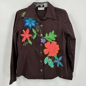 Birch Hill Womens Denim Embroidered Top Size M Floral Sequin Chocolate Brown